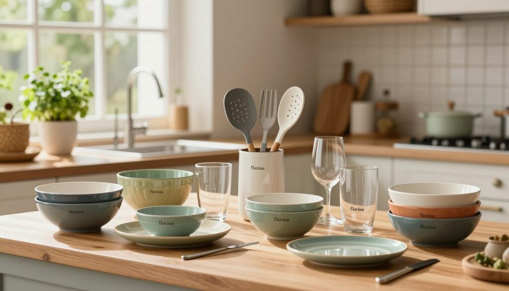 Create a detailed image of the Florina brand, emphasizing the essence of the company known for its kitchen products. In the foreground, showcase a beautifully arranged display of various high-quality kitchen items, including colorful ceramic bowls, durable kitchen utensils, and elegant glassware, all branded with the distinctive Florina logo. In the middle ground, feature a well-lit, modern kitchen setting, with a wooden countertop and a fresh herb garden by the window, reflecting a warm and inviting atmosphere. In the background, softly blurred, include hints of an elegant dining area and natural sunlight streaming through the window, creating a cozy, inspiring vibe. Use soft, natural lighting to evoke a sense of freshness and warmth.